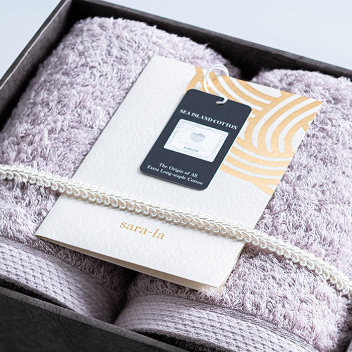 Lavender Imabari face towel set in gift box with Sea Island Cotton tag | sara-la, Imabari
