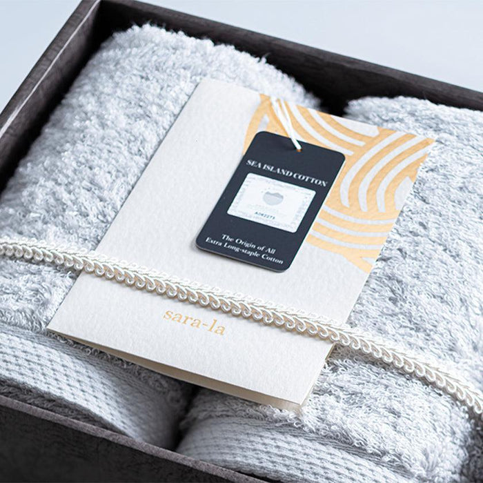 Imabari towel gift set in box with Sea Island Cotton tag and sara-la card | Imabari, Japan