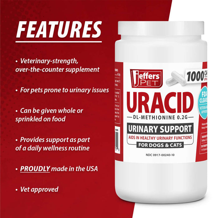 Uracid DL-Methionine 0.2g Capsules for Dogs & Cats – Supports Urinary Tract, Reduces Urine Odor, Prevents Stones