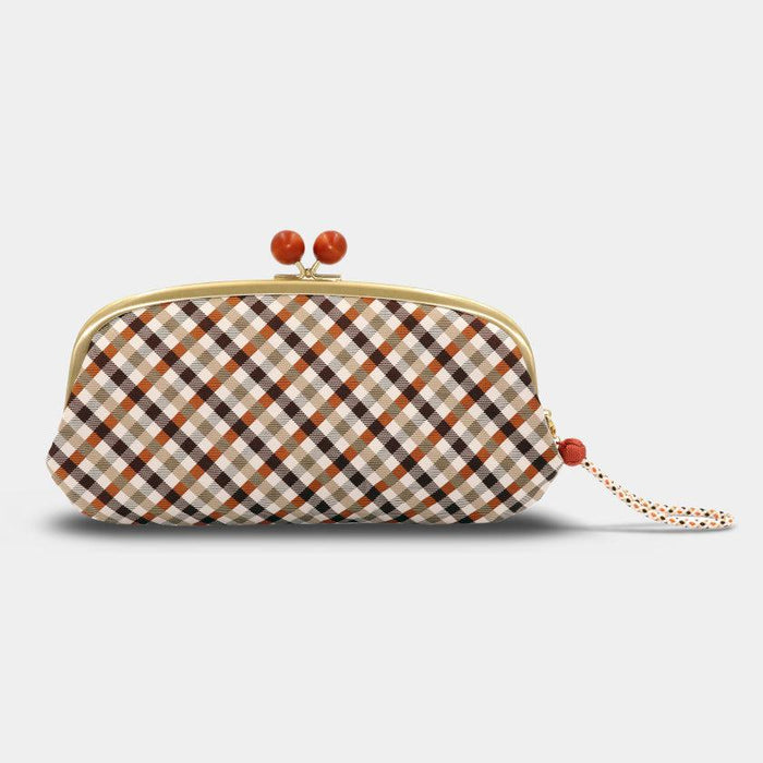 [WALLET] NISHIJIN SILK CLASP WALLET WITH KYO-KUMIHIMO STRAP GINGHAM CHECK (BROWN) | NISHIJIN TEXTILES | ATELIER KYOTO NISHIJIN