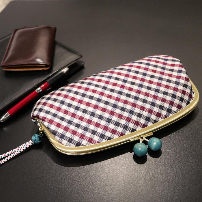 [WALLET] NISHIJIN SILK CLASP WALLET WITH KYO-KUMIHIMO STRAP GINGHAM CHECK (NAVY) | NISHIJIN TEXTILES | ATELIER KYOTO NISHIJIN
