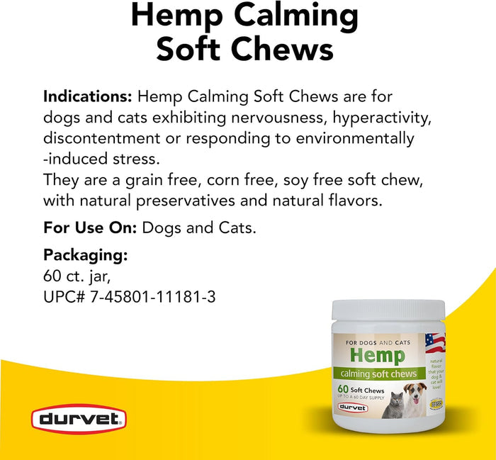 Wellness Grain free Cat Durvet Hemp Calming Soft Chews Dogs & Cats 60 Count