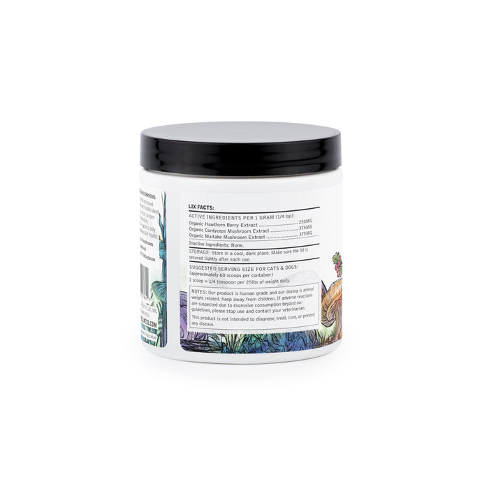 Heart Health mushroom meal topper with Hawthorn Berry and mushrooms - back of container