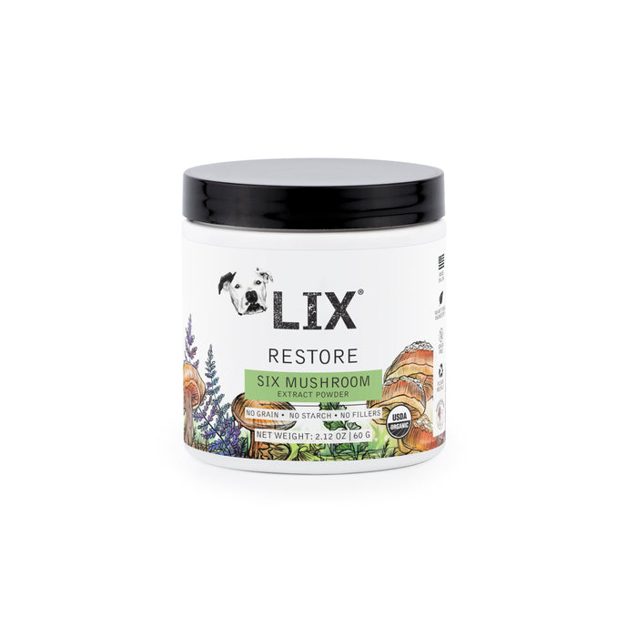 six mushroom meal topper for dogs container front - wellness support for immune health, digestion, skin and healthy aging