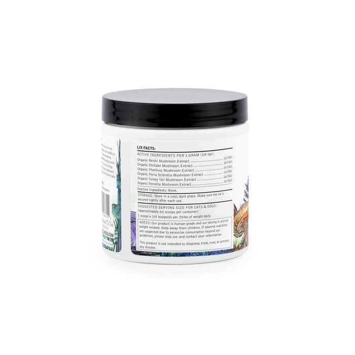 six mushroom meal topper for dogs container back - wellness support for immune health, digestion, skin and healthy aging