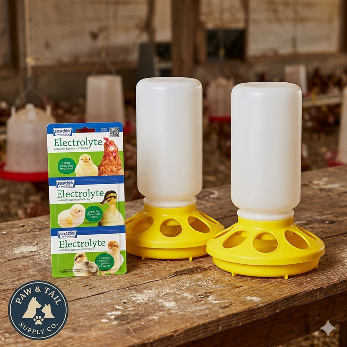 Yellow Chick Waterer Kit – 2× 1 Qt Little Giant Drinkers + Sav-A-Chick Electrolytes 3-Pack