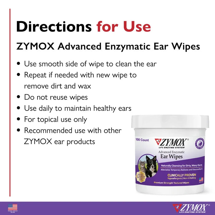 Zymox Advanced Enzymatic Ear Wipes 100ct Hypoallergenic LP3 Enzyme Dogs Cats