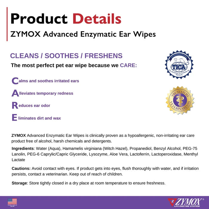 Zymox Advanced Enzymatic Ear Wipes 100ct Hypoallergenic LP3 Enzyme Dogs Cats