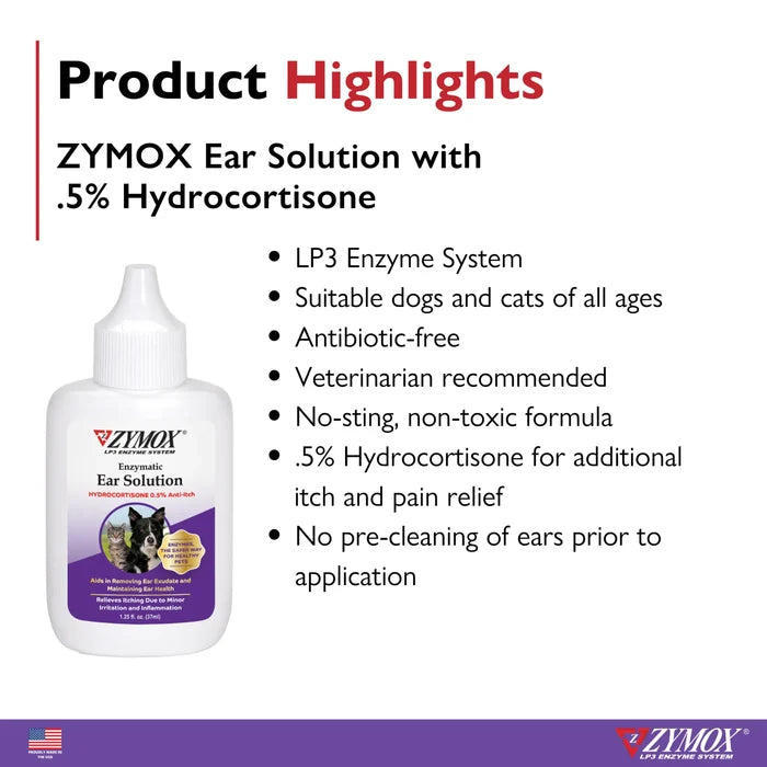 ZYMOX Enzymatic Ear Care Solution with 0.5% Hydrocortisone Dog Cat 1.25 oz