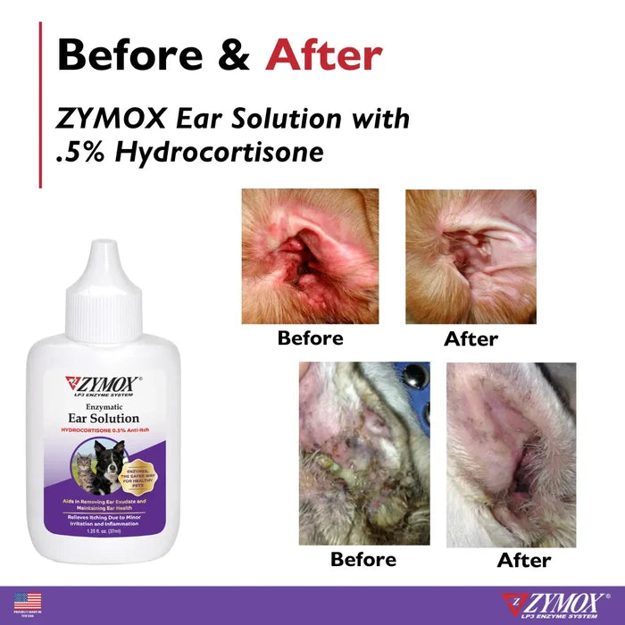ZYMOX Enzymatic Ear Care Solution with 0.5% Hydrocortisone Dog Cat 1.25 oz