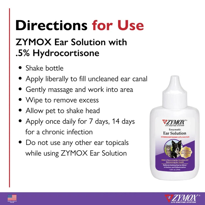 ZYMOX Enzymatic Ear Care Solution with 0.5% Hydrocortisone Dog Cat 1.25 oz