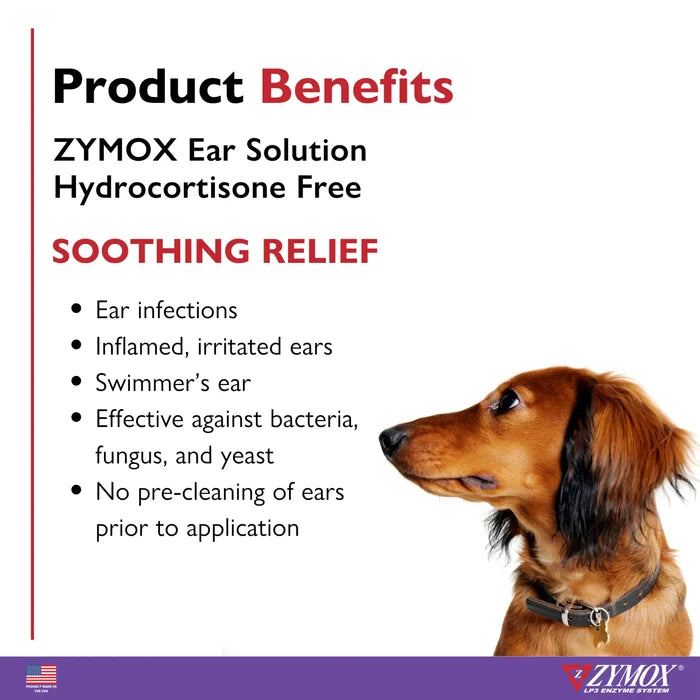 Zymox Enzymatic Ear Solution Hydrocortisone Free 1.25 oz for Dogs & Cats