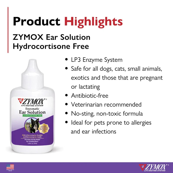 Zymox Enzymatic Ear Solution Hydrocortisone Free 1.25 oz for Dogs & Cats