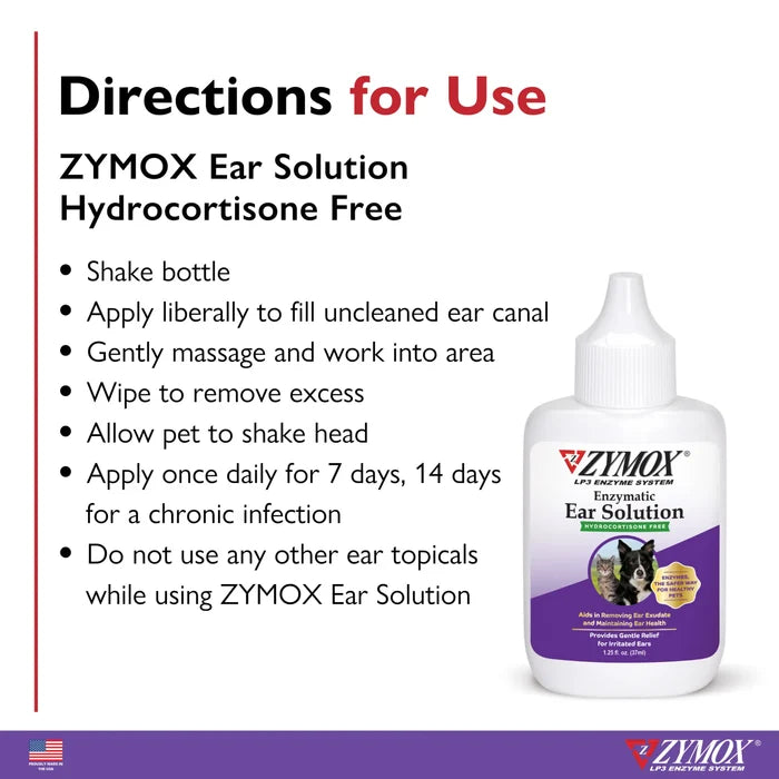 Zymox Enzymatic Ear Solution Hydrocortisone Free 1.25 oz for Dogs & Cats