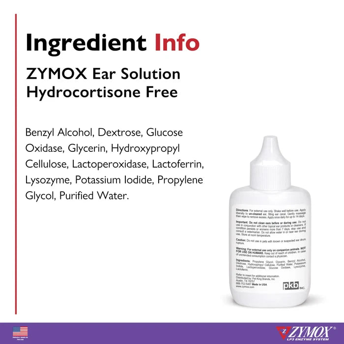Zymox Enzymatic Ear Solution Hydrocortisone Free 1.25 oz for Dogs & Cats